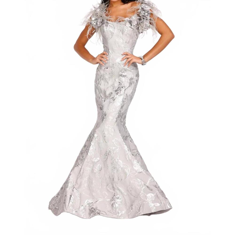 NEW TERANI COUTURE striking flower and feather strapless evening gown in silver